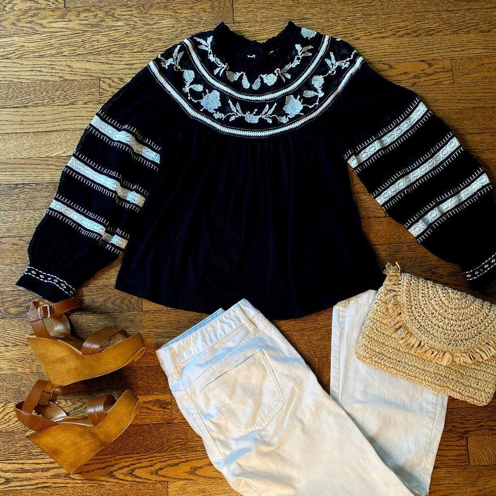 Anthropologie embroidered cotton and lace peasant blouse